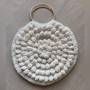 Crochet Round Bag with Gold tone handles, Satin insert, Off White, Handmade